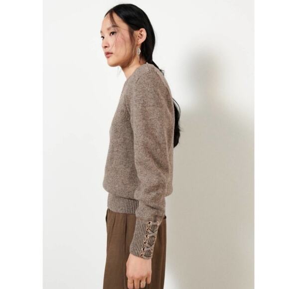 Ba&sh Keane Puff Shoulder Sweater Lace Up Cuff Wool Cotton Taupe 3 L - Picture 3 of 12